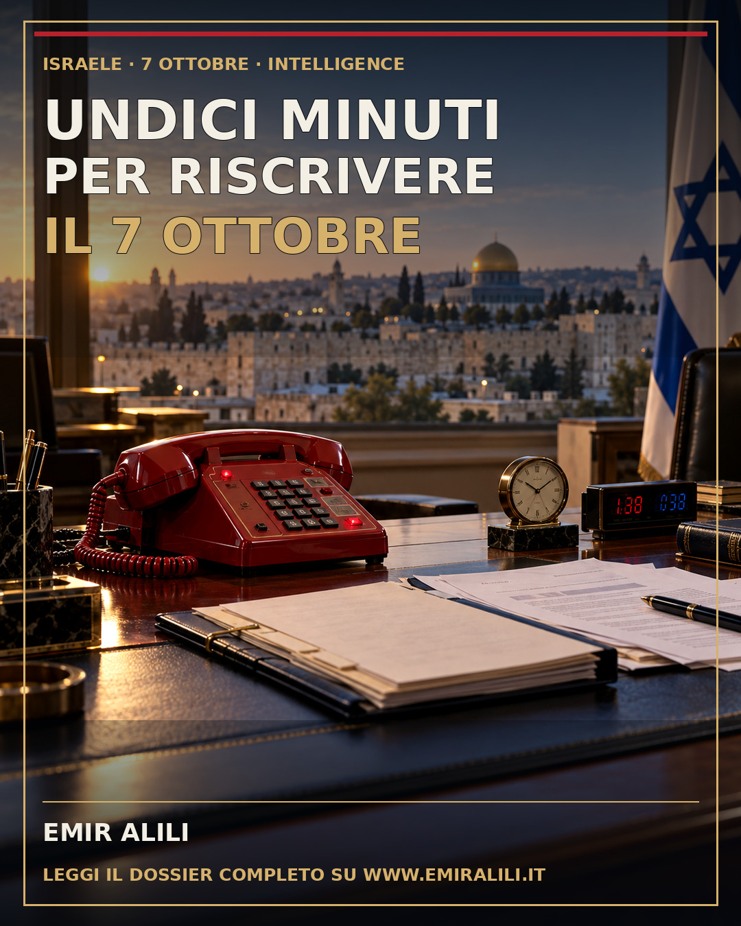 Illustrazione editoriale generata di un telefono governativo, documenti e due orari divergenti sullo sfondo di Gerusalemme
