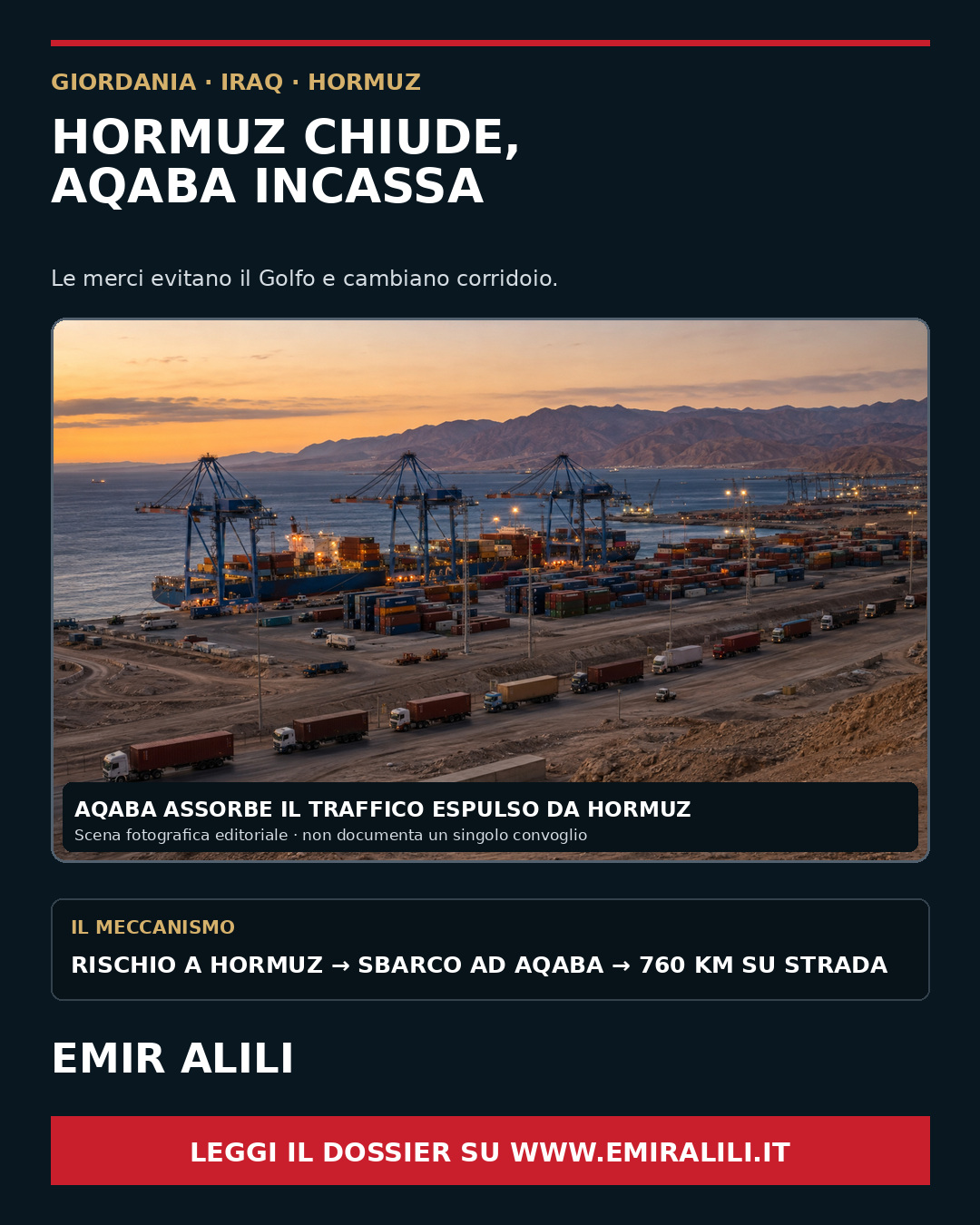Copertina fotografica del porto container di Aqaba con nave, gru e camion diretti verso l’interno della Giordania
