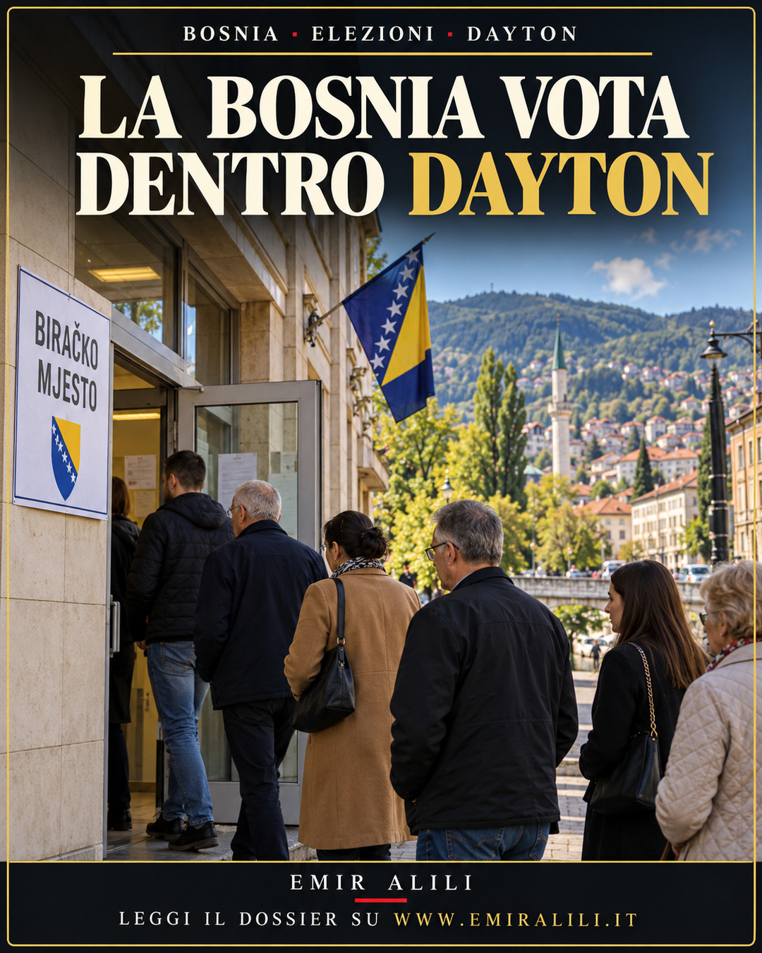 Illustrazione editoriale generata: elettori davanti a un seggio di Sarajevo con bandiera della Bosnia-Erzegovina