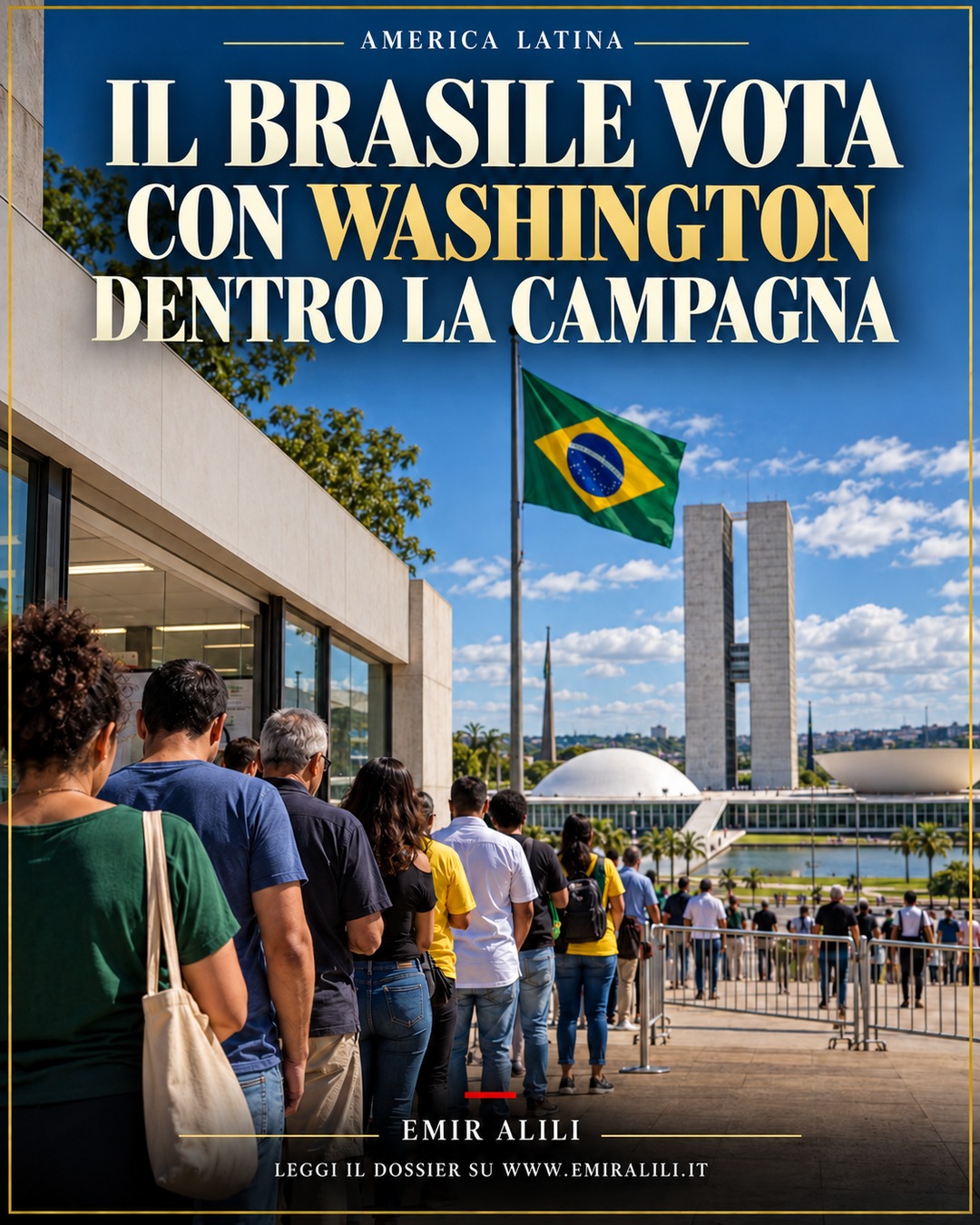 Illustrazione editoriale generata: elettori brasiliani in fila a Brasília davanti al Congresso nazionale