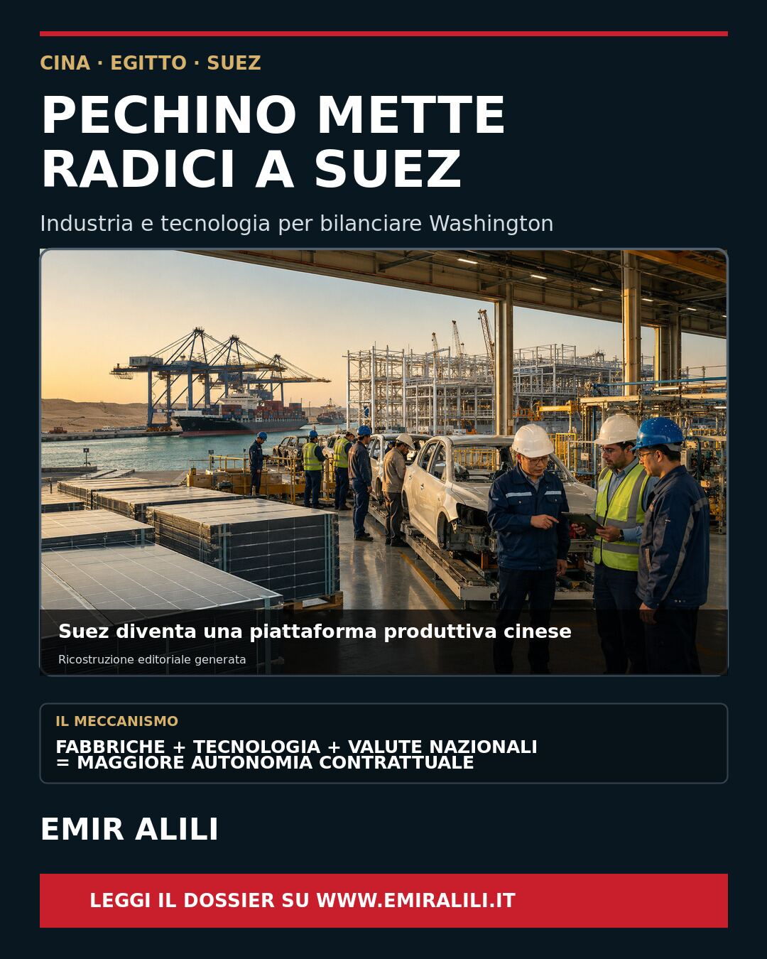 Ricostruzione editoriale della zona industriale sino-egiziana a Suez con linea automobilistica, pannelli solari, tecnici e terminal container
