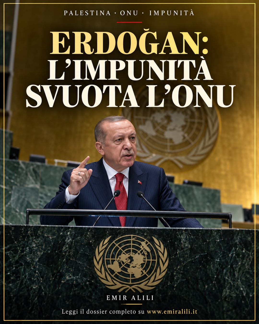 Illustrazione editoriale generata: Recep Tayyip Erdoğan al podio ONU, con colori naturali della sala