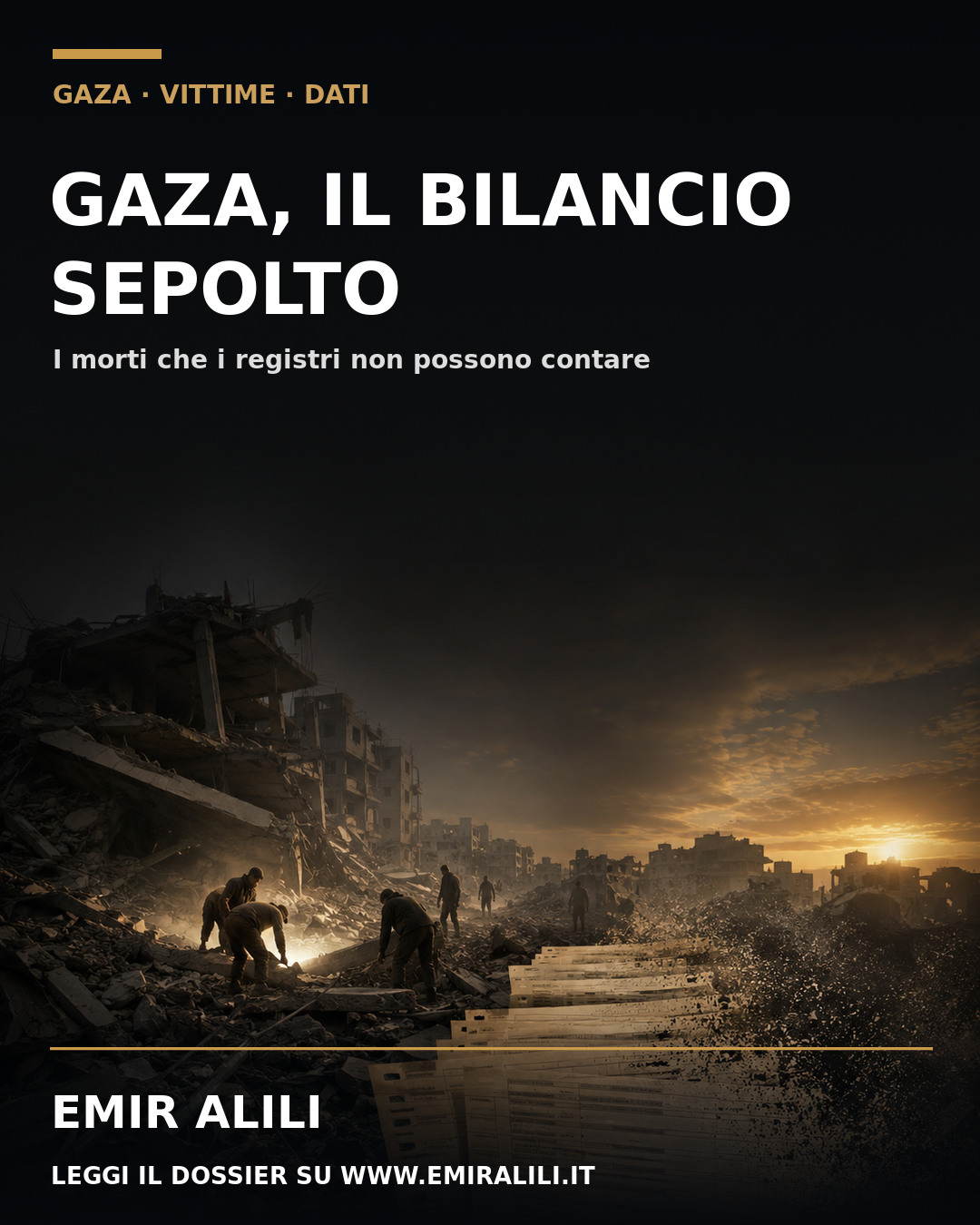 Copertina del dossier sul sottoconteggio delle vittime di Gaza, con squadre di soccorso, macerie e registri incompleti