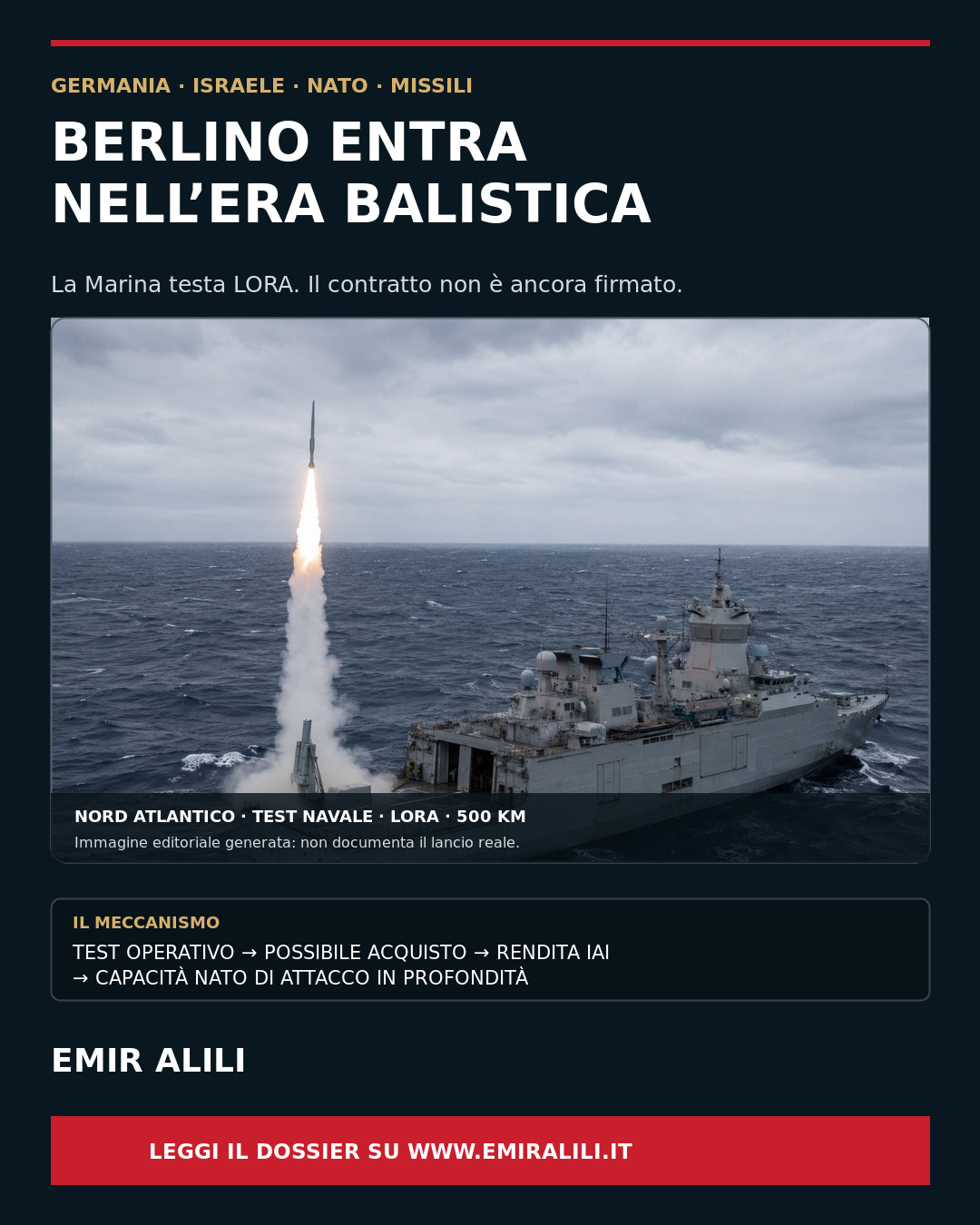 Copertina del dossier sul test tedesco del missile balistico israeliano LORA nel Nord Atlantico