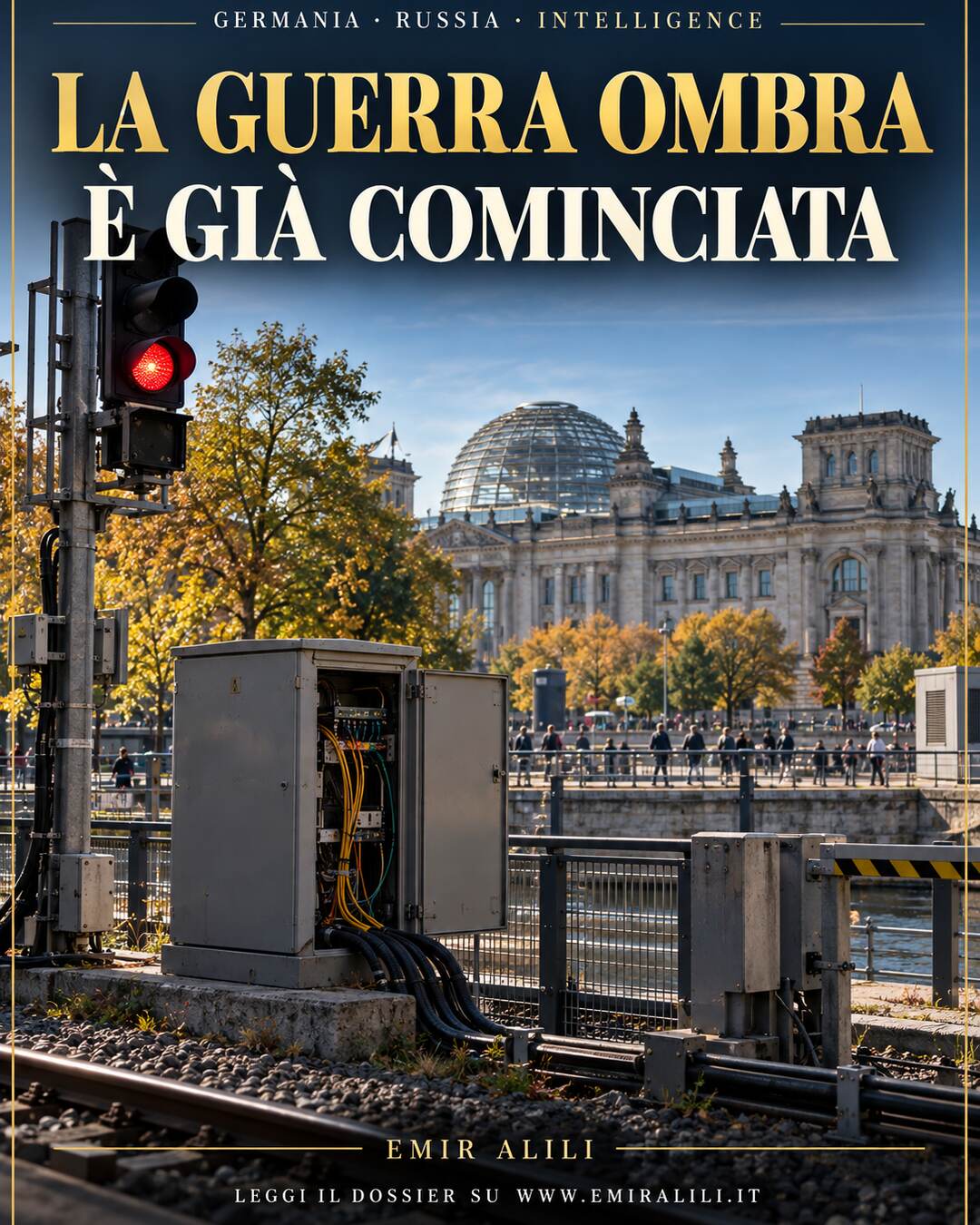 Illustrazione editoriale generata del Reichstag e di un nodo ferroviario e digitale esposto a una minaccia ibrida