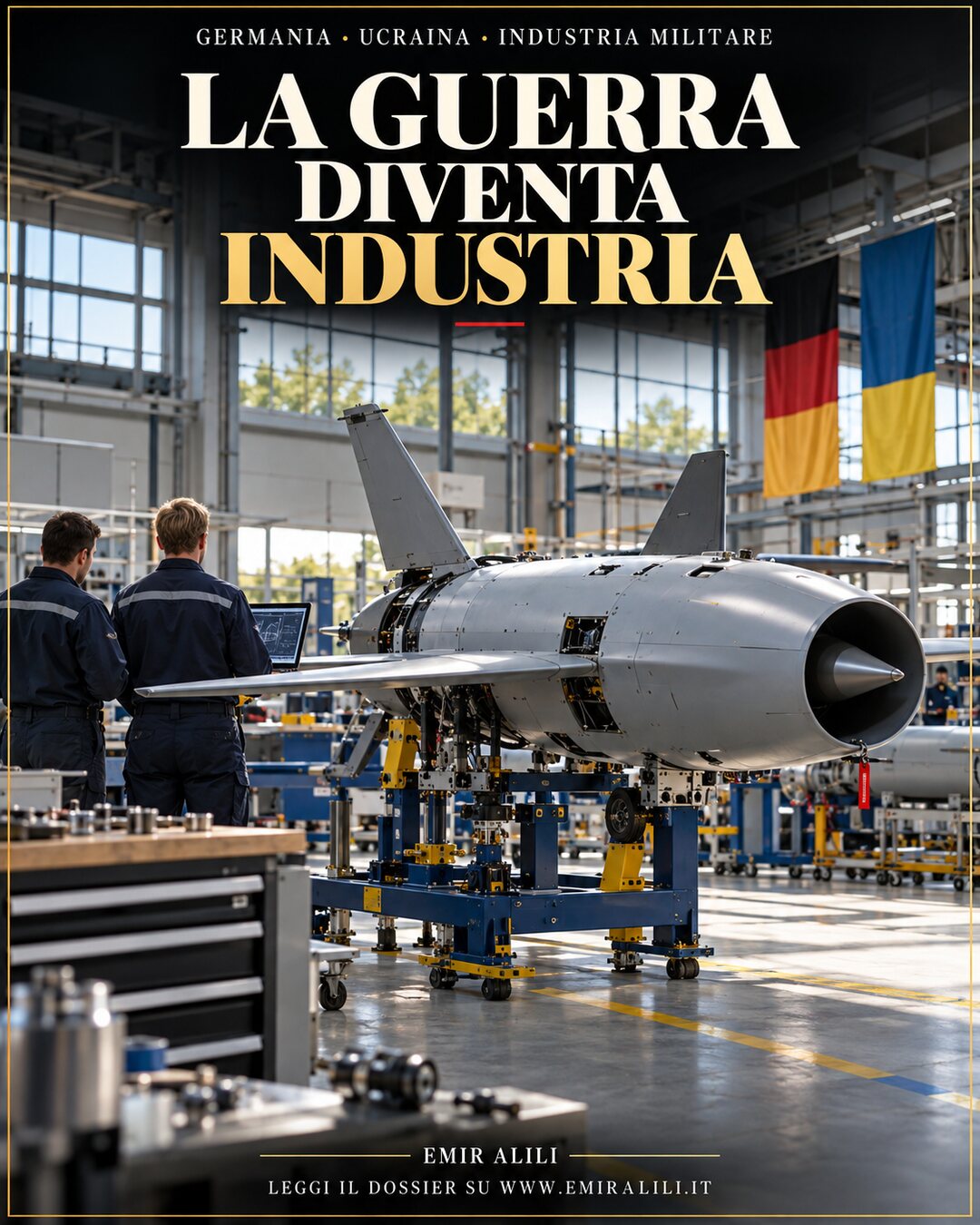Illustrazione editoriale generata: un drone intercettore in una fabbrica tedesco-ucraina