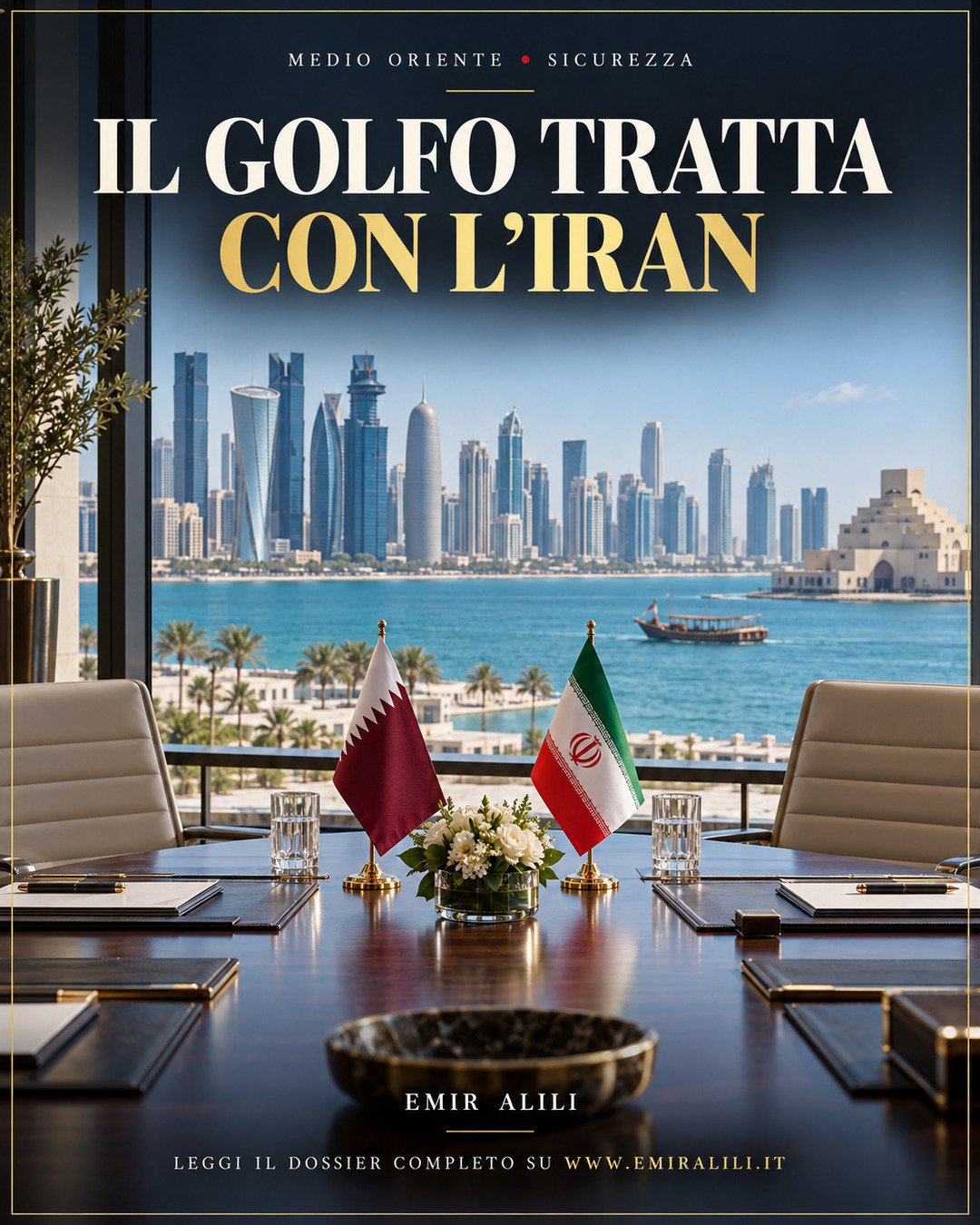 Illustrazione editoriale generata: tavolo negoziale con bandiere di Qatar e Iran affacciato sulla baia di Doha