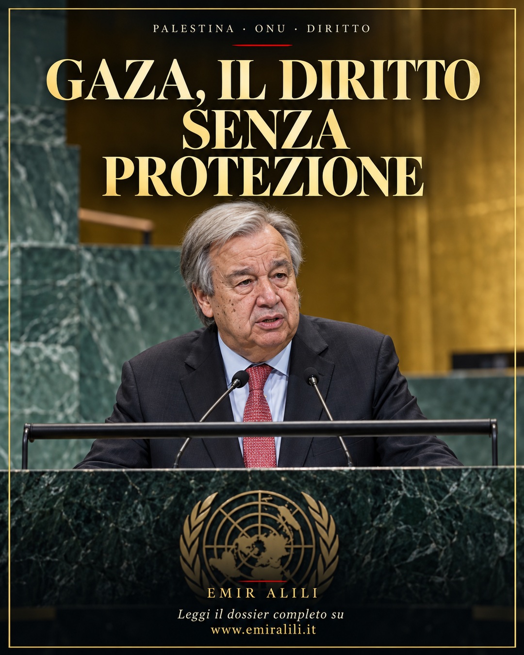 Illustrazione editoriale generata: António Guterres al podio ONU, con luce e colori naturali