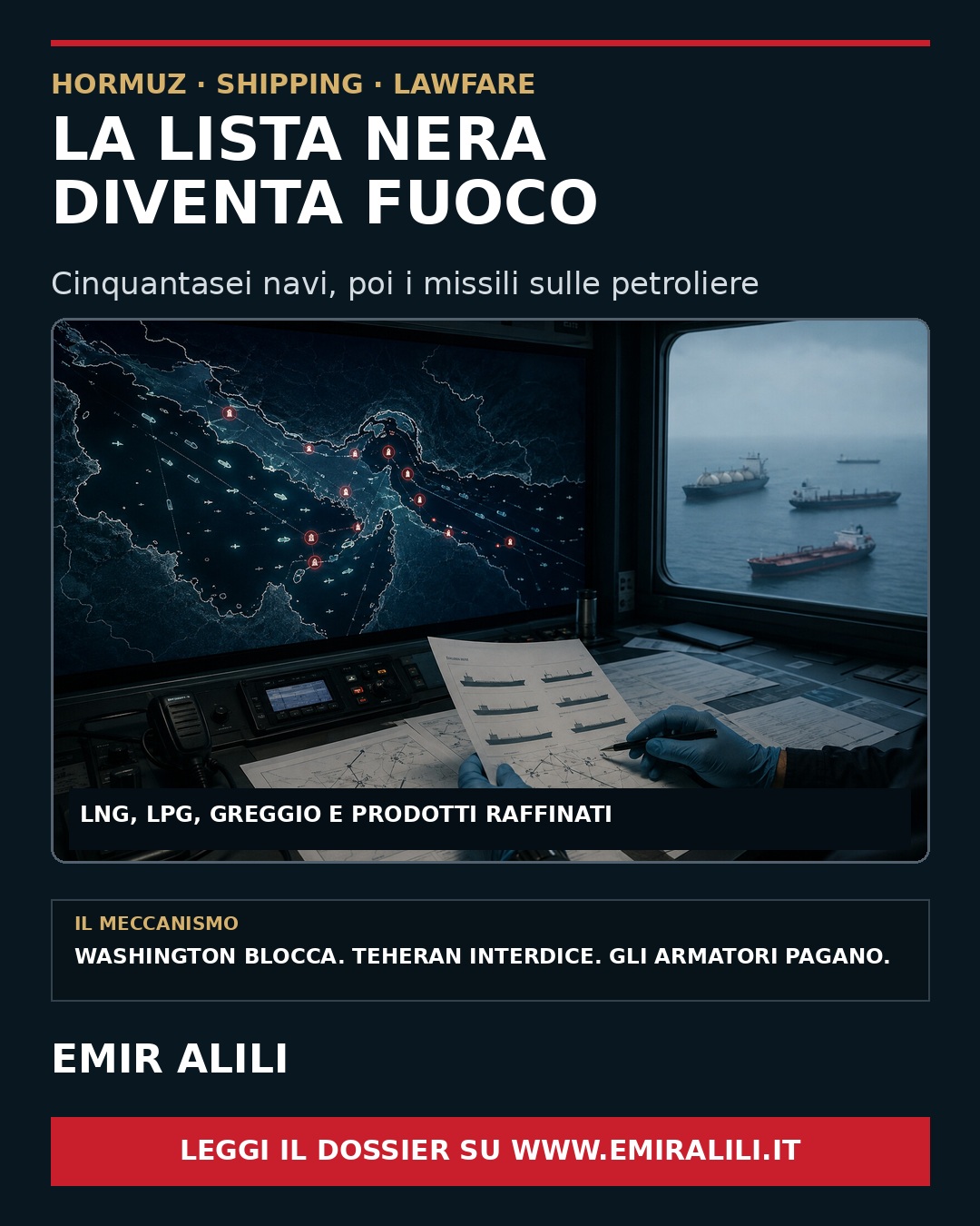 Ricostruzione editoriale di una sala di controllo marittimo durante l’escalation armata sulle rotte di Hormuz