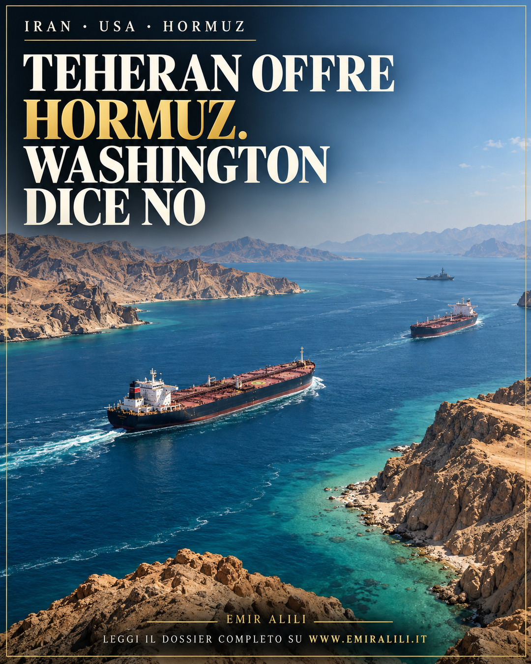Illustrazione editoriale generata: petroliere nello Stretto di Hormuz in piena luce diurna