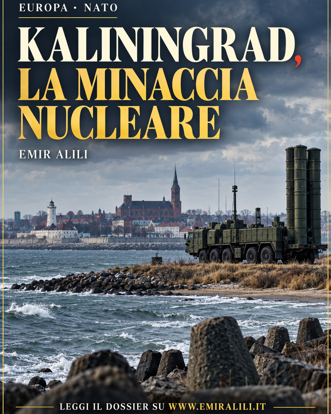Illustrazione editoriale generata: costa baltica di Kaliningrad con sistema missilistico russo