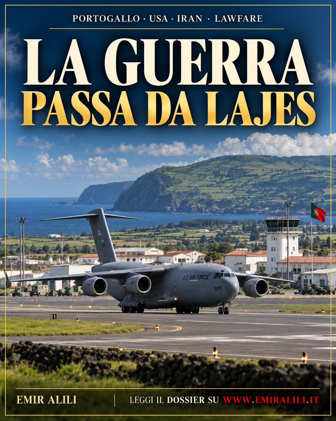 Illustrazione editoriale generata: un aereo militare statunitense sulla base di Lajes, nelle Azzorre