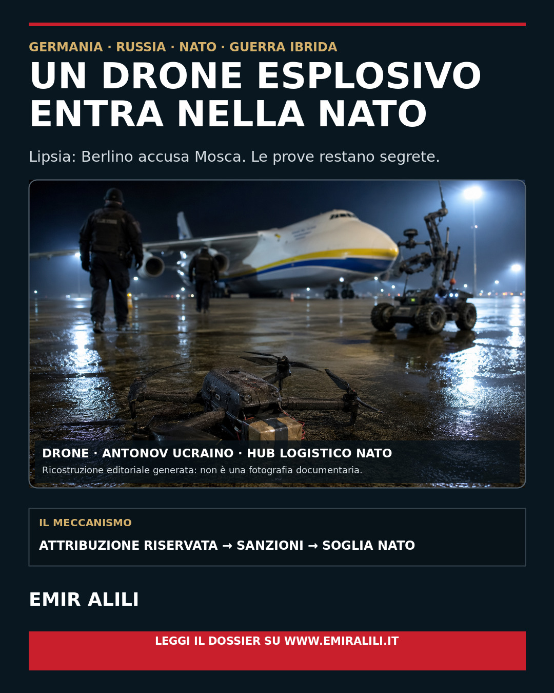Ricostruzione editoriale di un drone esplosivo sulla pista di Lipsia vicino a un cargo Antonov ucraino