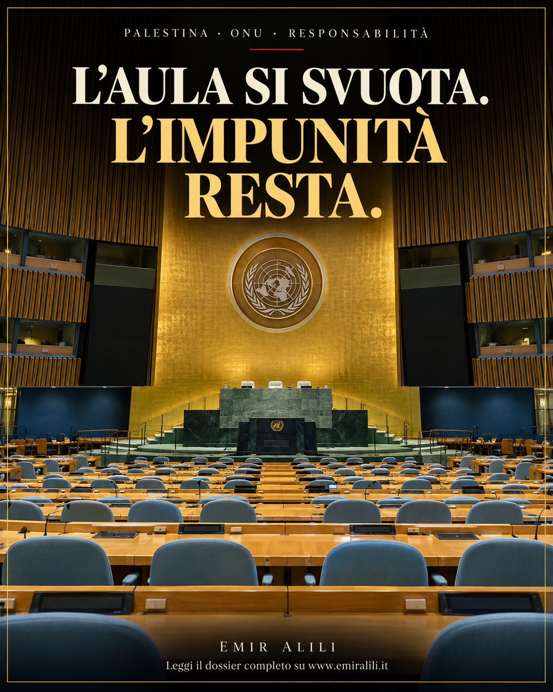 Illustrazione editoriale generata: sedute vuote nell’aula ONU, con colori naturali