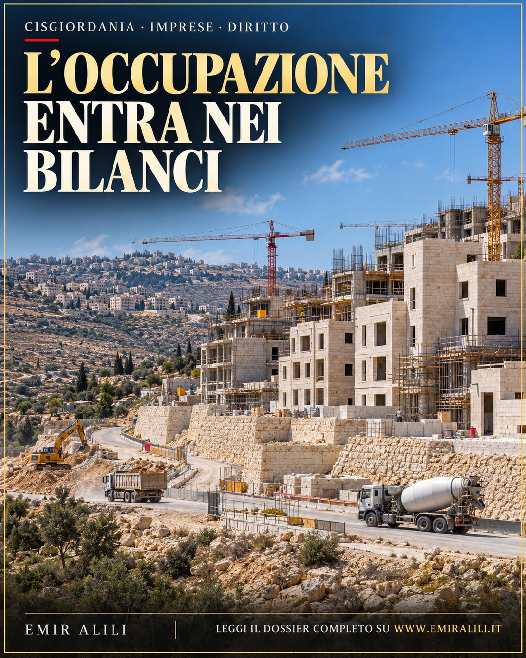 Illustrazione editoriale generata: cantiere di insediamenti in Cisgiordania con gru e mezzi in piena luce diurna