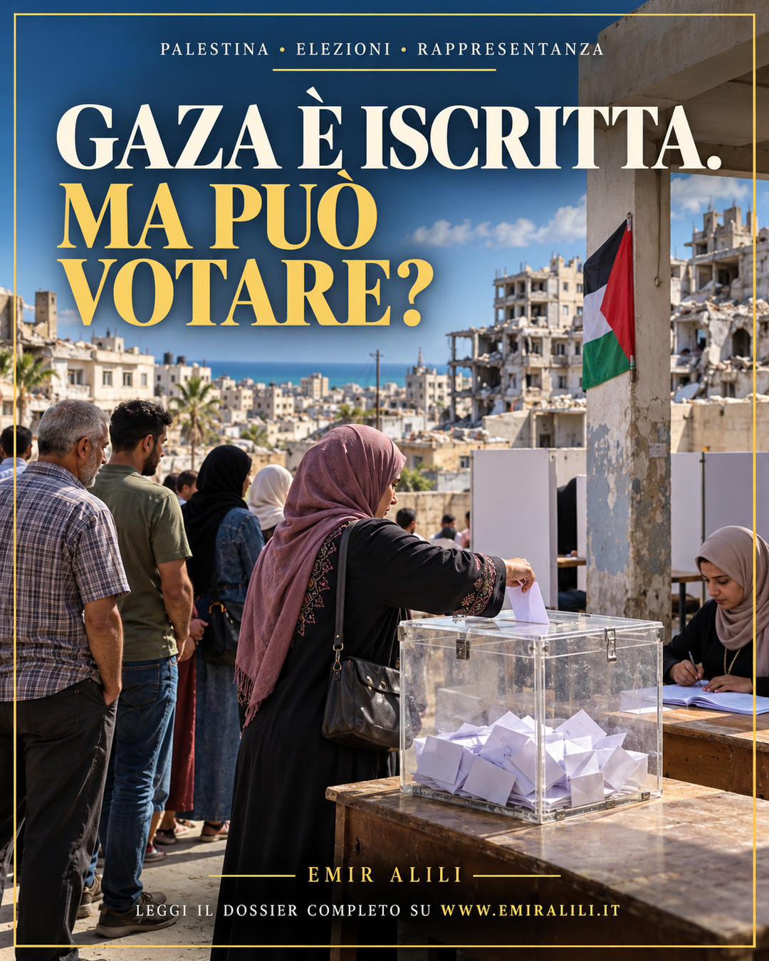Illustrazione editoriale generata: elettrice palestinese deposita una scheda in un seggio di Gaza, in luce diurna
