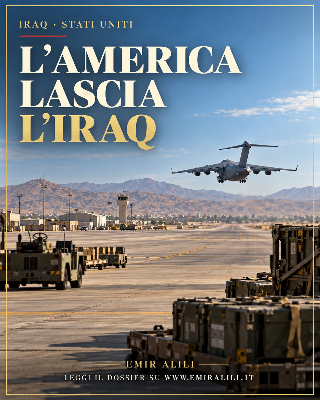 Illustrazione editoriale generata: una base aerea presso Erbil dopo la partenza di un aereo militare statunitense