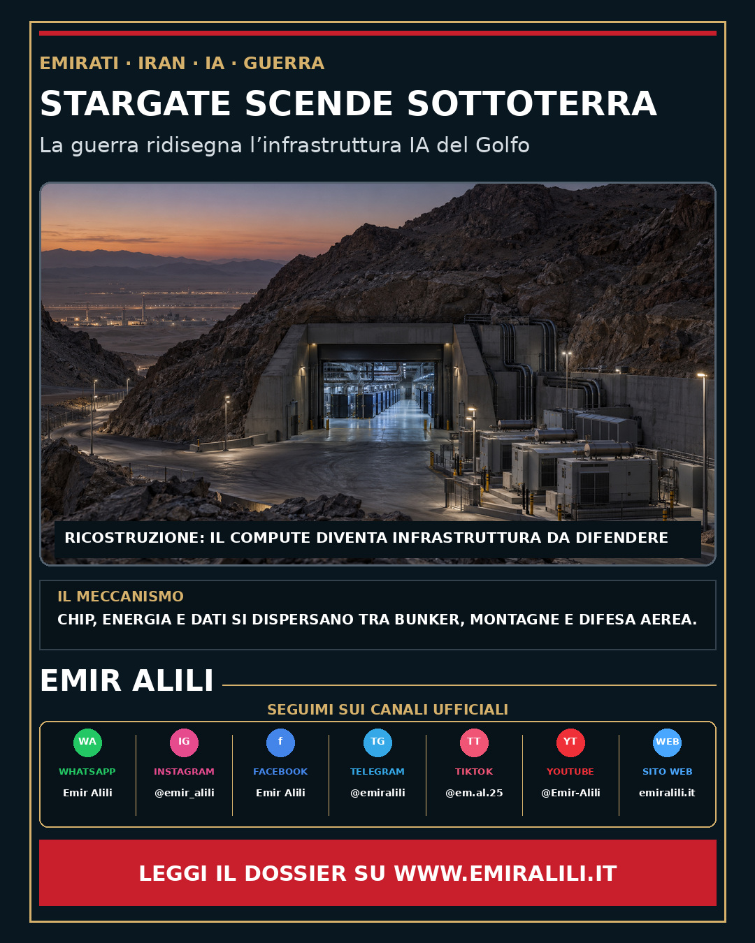 Copertina del dossier sulla possibile dispersione e fortificazione sotterranea dei data center Stargate UAE