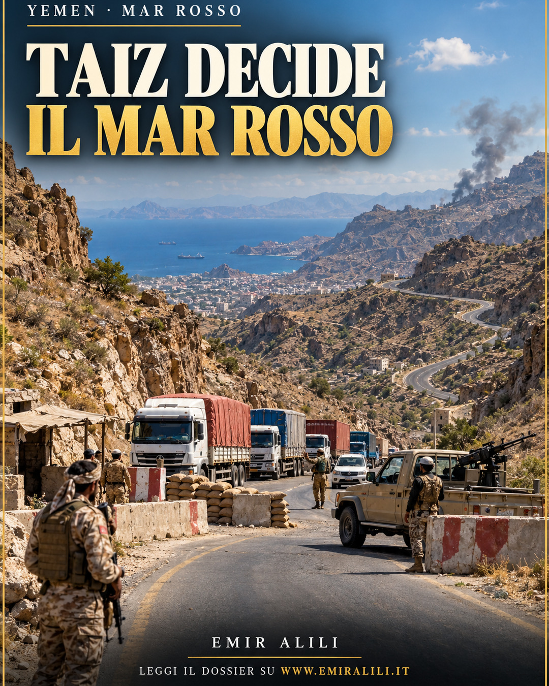 Illustrazione editoriale generata: strada montana di Taiz con checkpoint e camion diretti verso il Mar Rosso