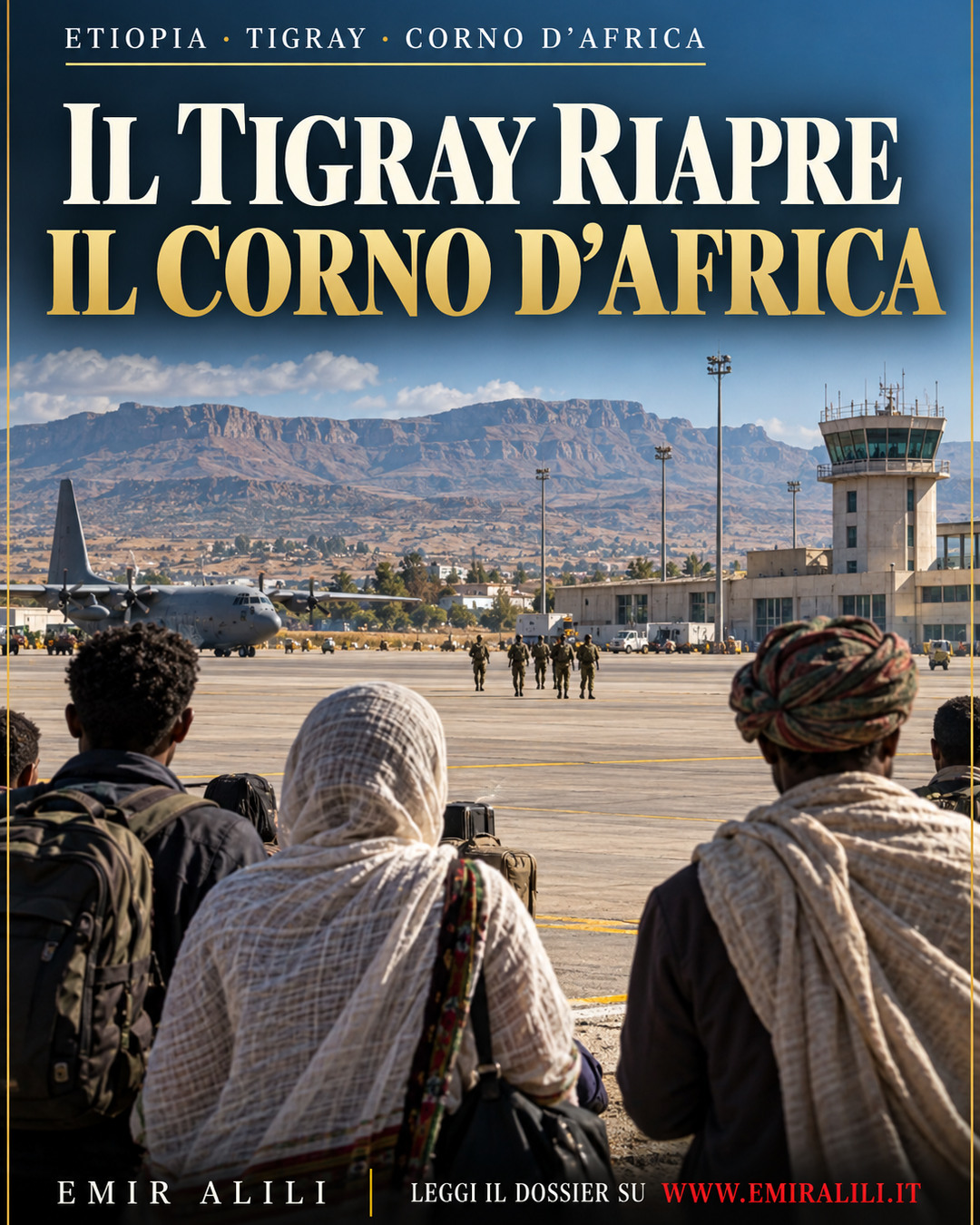 Illustrazione editoriale generata: civili osservano la pista dell’aeroporto di Mekelle, nel Tigray