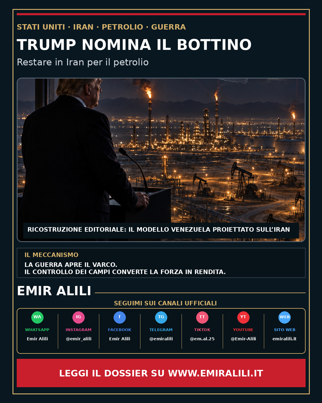 Copertina del dossier Trump nomina il bottino: restare in Iran per il petrolio