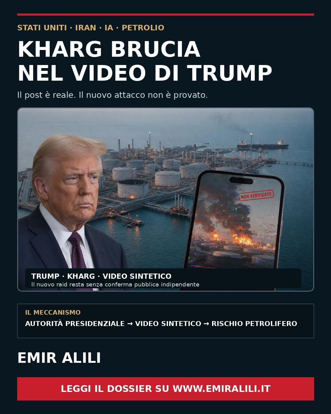 Copertina del dossier Kharg brucia nel video di Trump