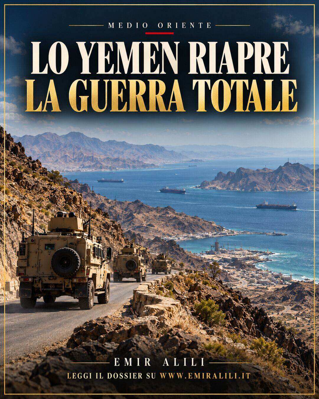 Illustrazione editoriale generata: convoglio sulle montagne yemenite affacciate sul Mar Rosso